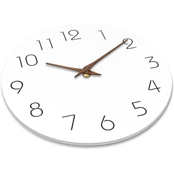 Wall Clock Silent Non-Ticking 10 Inch Battery Operated Modern Style Wooden White - Picture 2 of 5